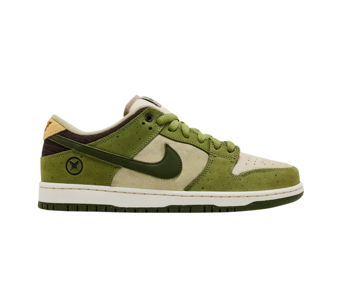 Genesis Boutique Nike SB Dunk Low Yuto Matcha sneakers in olive green and beige suede with a speckled rubber sole.