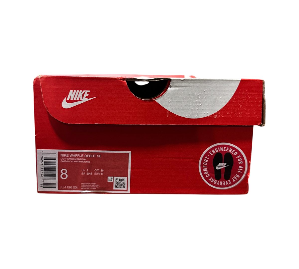 Genesis Boutique Nike Waffle Debut SE shoe box in red and white with product label and size 8 details
