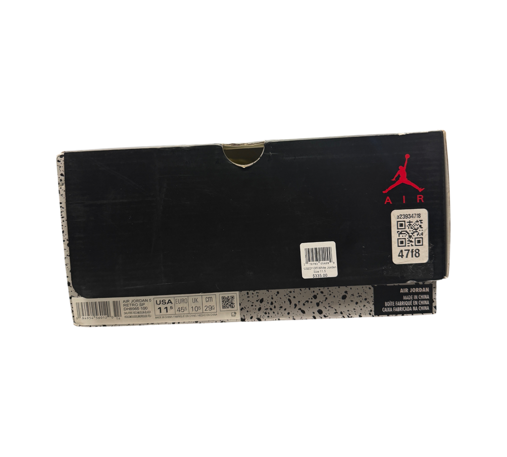 Genesis Boutique shoe box for used Off-White Jordan 5 Sail sneakers with size label and retail price sticker
