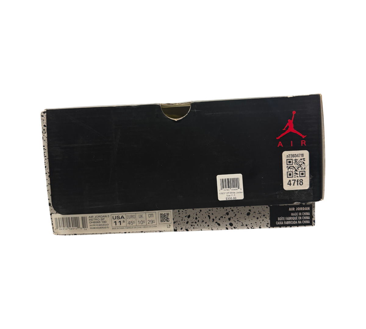 Genesis Boutique shoe box for used Off-White Jordan 5 Sail sneakers with size label and retail price sticker