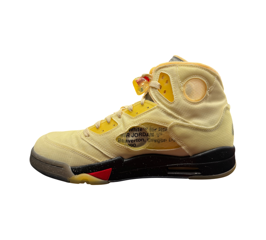 Genesis Boutique Off-White Jordan 5 Sail sneaker in cream textile with signature black midsole and red accents