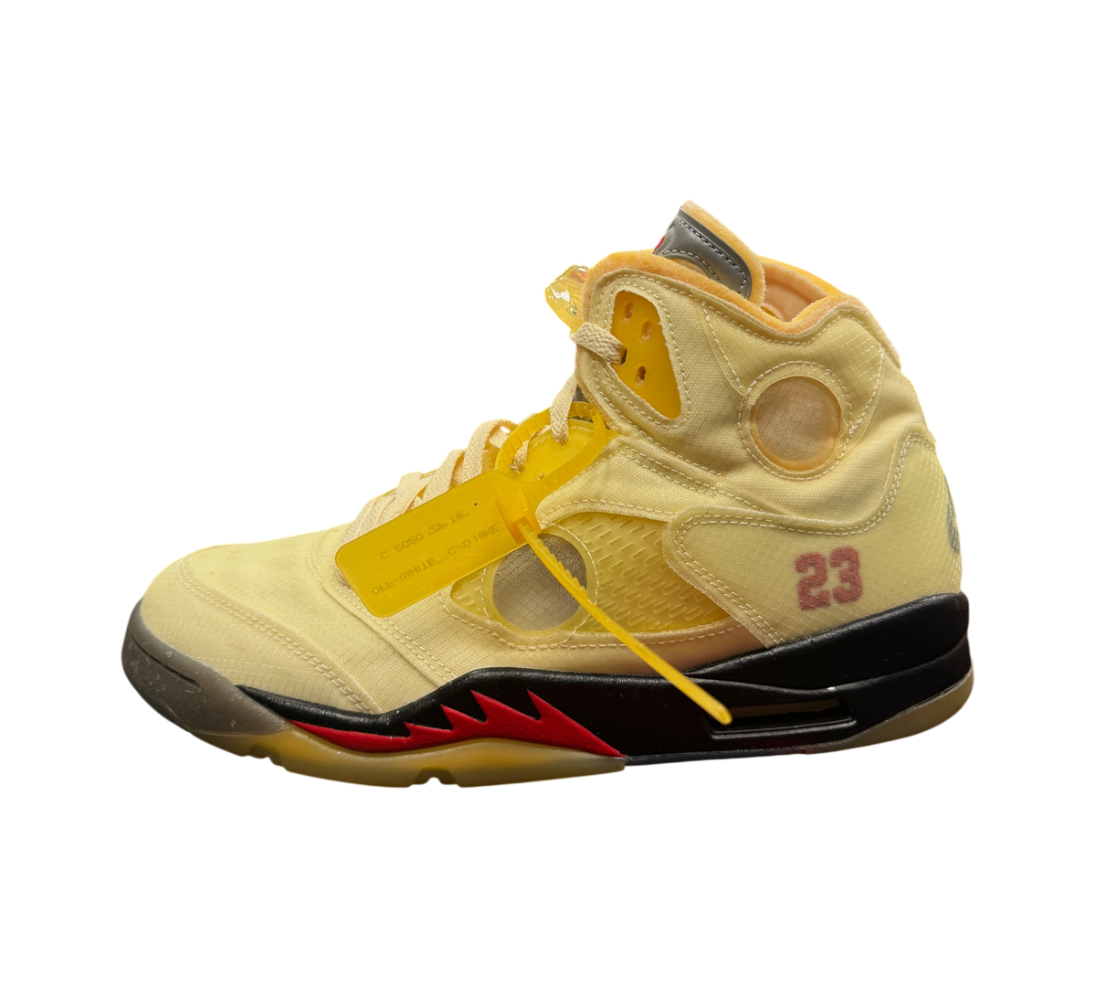 Genesis Boutique Off-White Jordan 5 Sail sneakers in cream textile with red 23 detailing and yellow zip tie tag