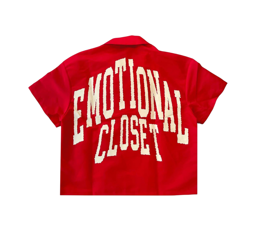 Genesis Boutique red nylon t-shirt featuring the text EMOTIONAL CLOSET in large white lettering on the back