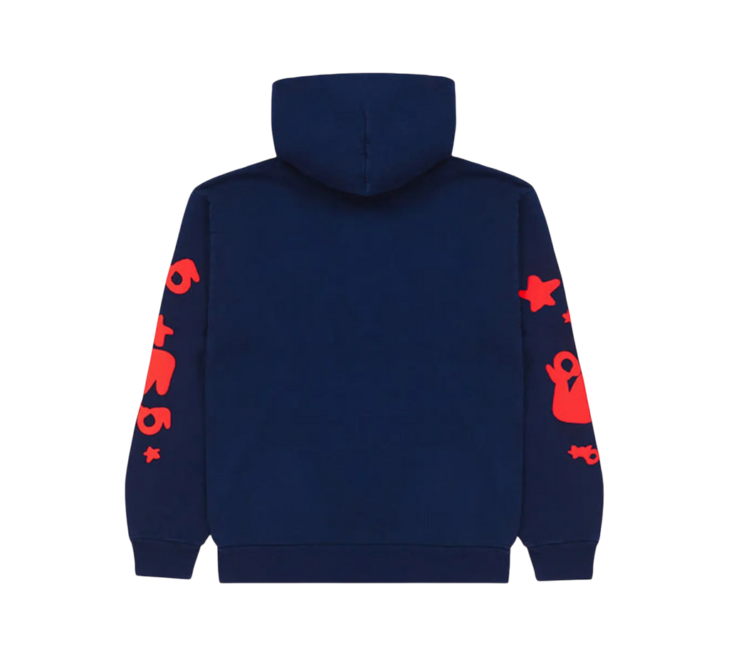 Genesis Boutique Sp5der Navy Red Beluga hoodie with red graphic print on sleeves.