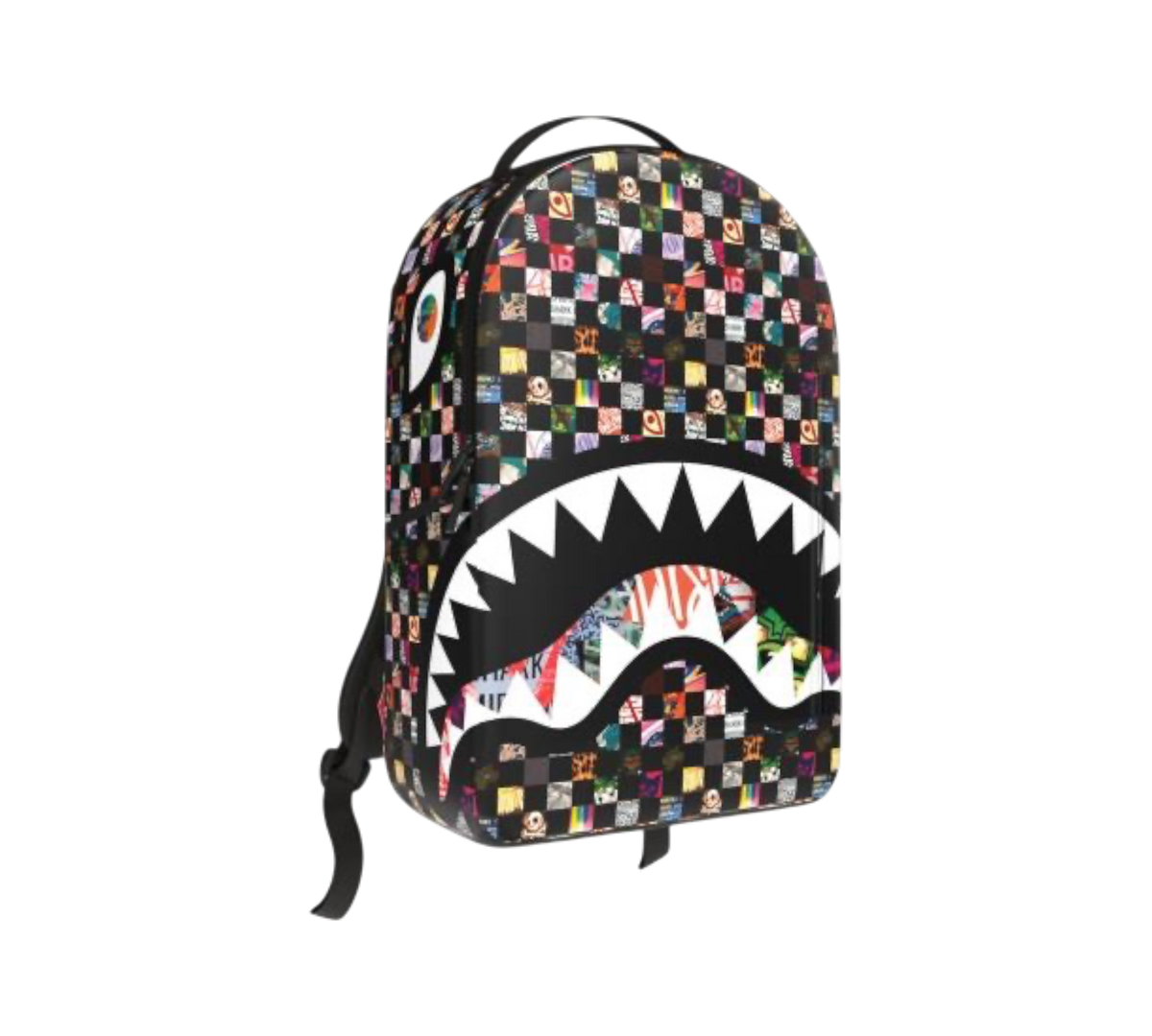 Genesis Boutique Sprayground Crazy Check backpack featuring a vibrant multi-colored checkered pattern and shark mouth