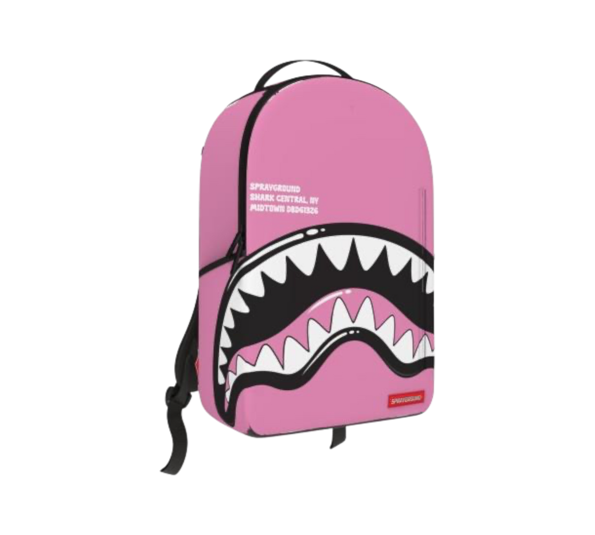 Genesis Boutique Sprayground Shark Central Bubbly Pink backpack featuring a large graphic shark mouth design