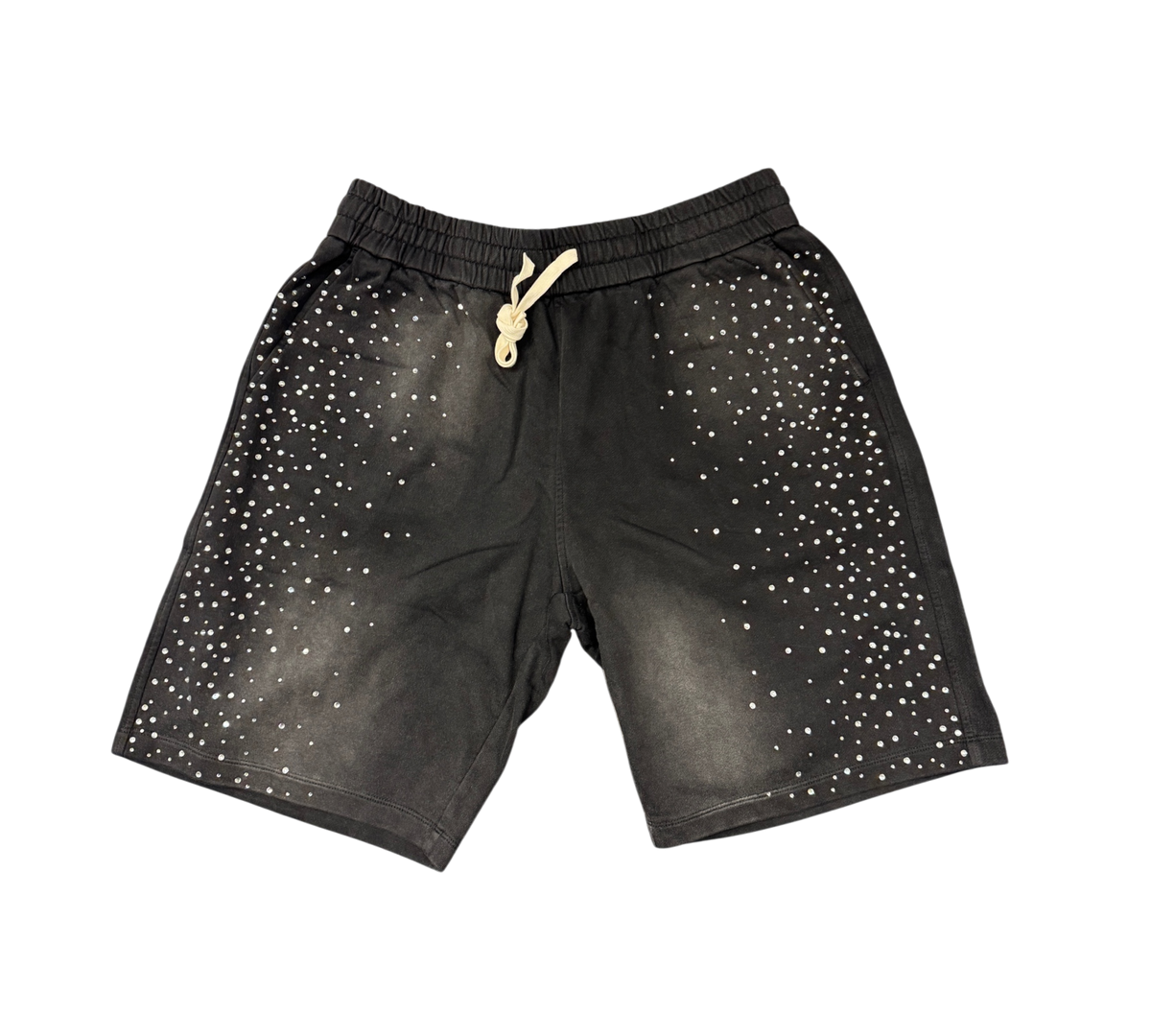Genesis Boutique DUAA Supplication stone black denim shorts with white rhinestone embellishments and drawstring waist