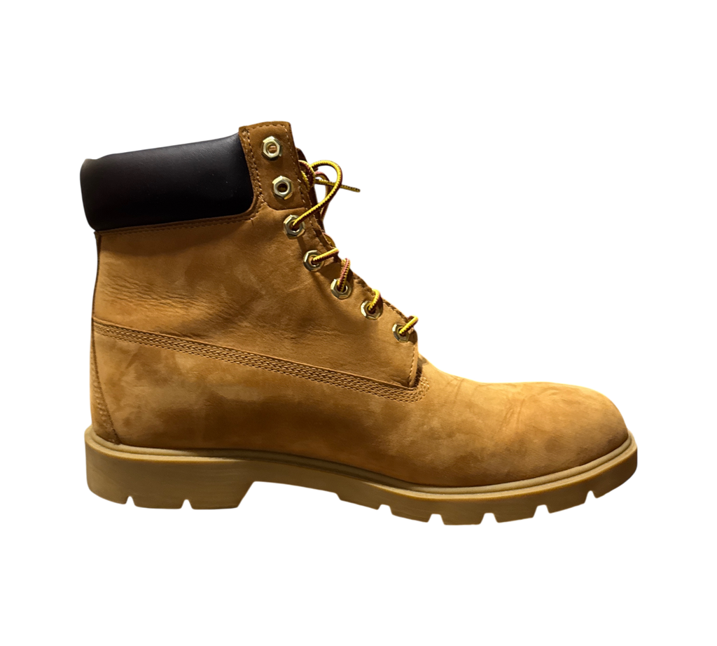 Genesis Boutique pre-owned Timberland 6 Inch Wheat nubuck leather boots with black padded collar and gold eyelets