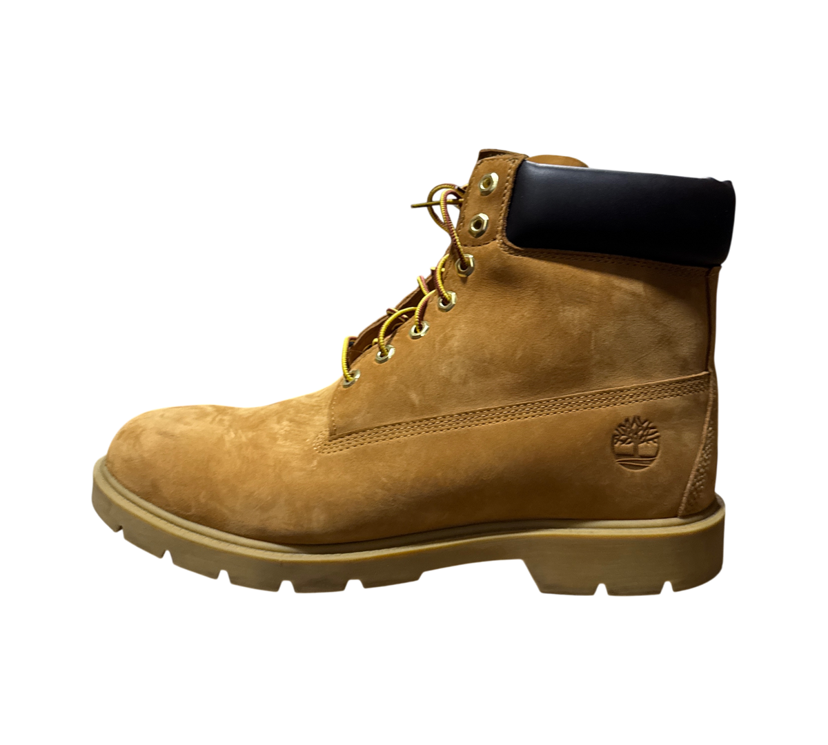 Genesis Boutique used Timberland 6 inch wheat nubuck leather boots with black padded collar and lug sole