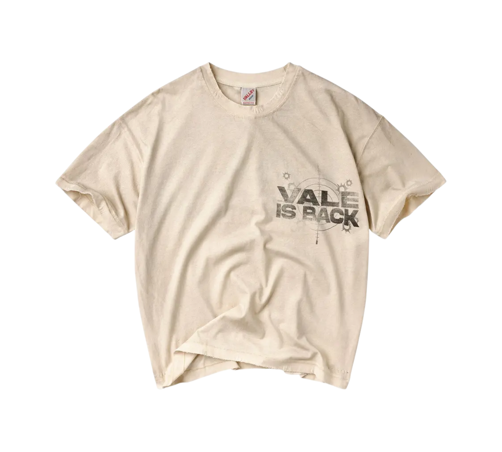 Genesis Boutique tan wide cropped t-shirt with Vale Is Back graphic print on the chest