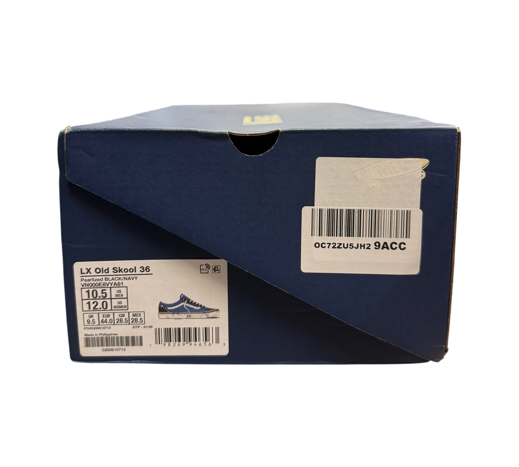 Genesis Boutique shoe box for used Vans Old Skool 36 Pearlized Black Navy sneakers with size label