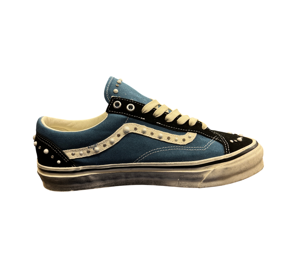 Genesis Boutique used Vans Old Skool 36 Pearlized sneakers in black and navy canvas with white stud embellishments.