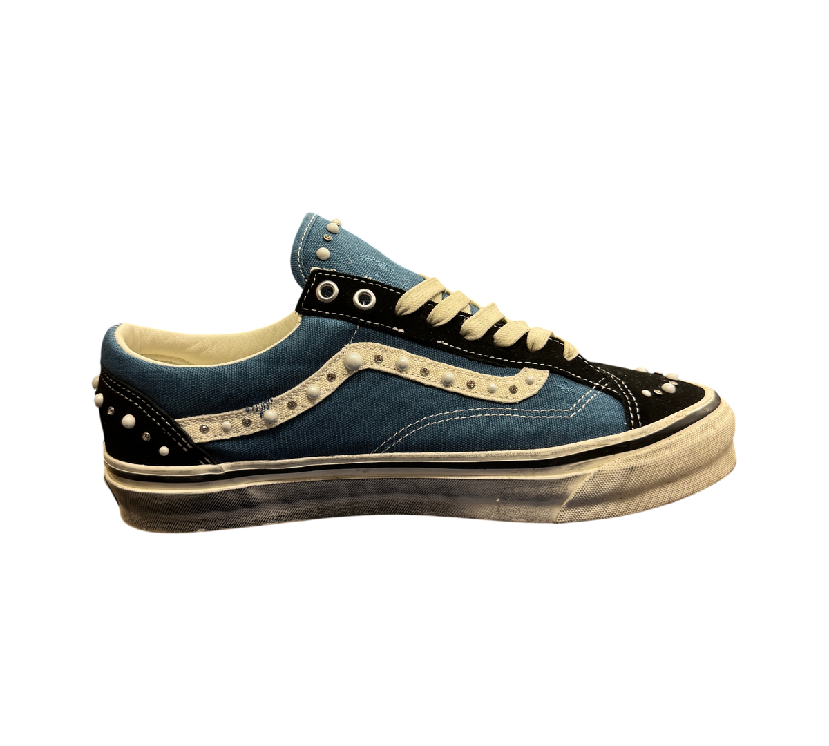 Genesis Boutique used Vans Old Skool 36 Pearlized sneakers in black and navy canvas with white stud embellishments.
