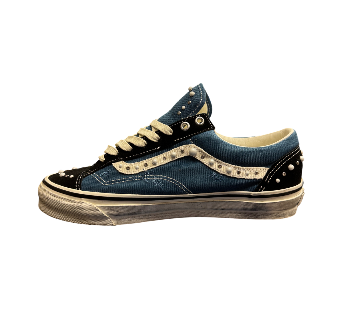 Genesis Boutique used Vans Old Skool 36 Pearlized sneakers in black and navy with pearl stud detailing on side