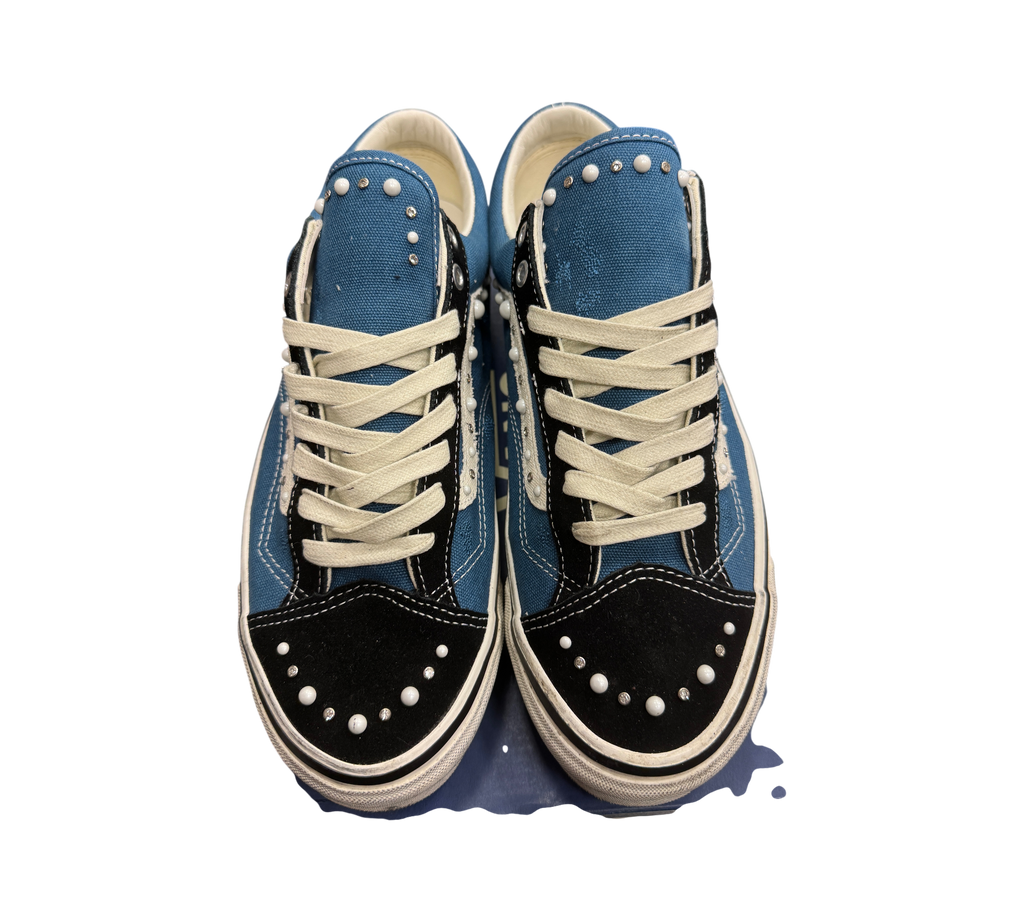 Genesis Boutique used Vans Old Skool 36 Pearlized sneakers in black and navy canvas with white stud embellishments.
