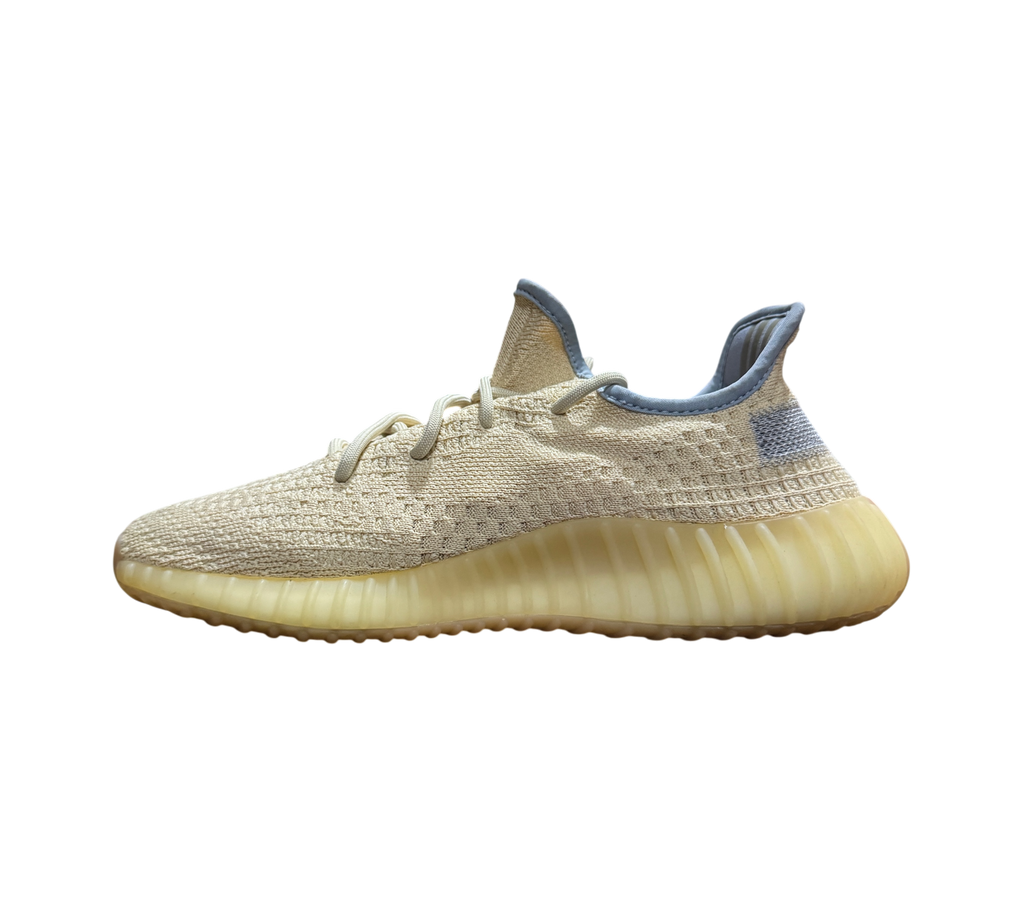 Genesis Boutique used Yeezy 350 Linen sneakers in light beige Primeknit with a grey collar and translucent gum sole.