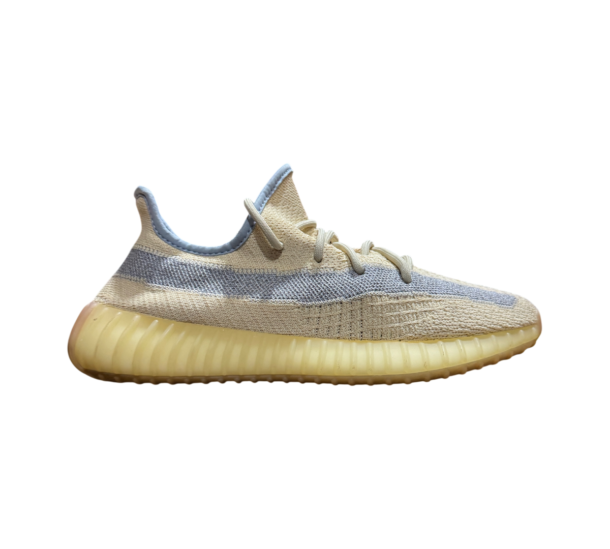 Genesis Boutique Yeezy 350 Linen sneakers featuring a light yellow Primeknit upper and grey side stripe