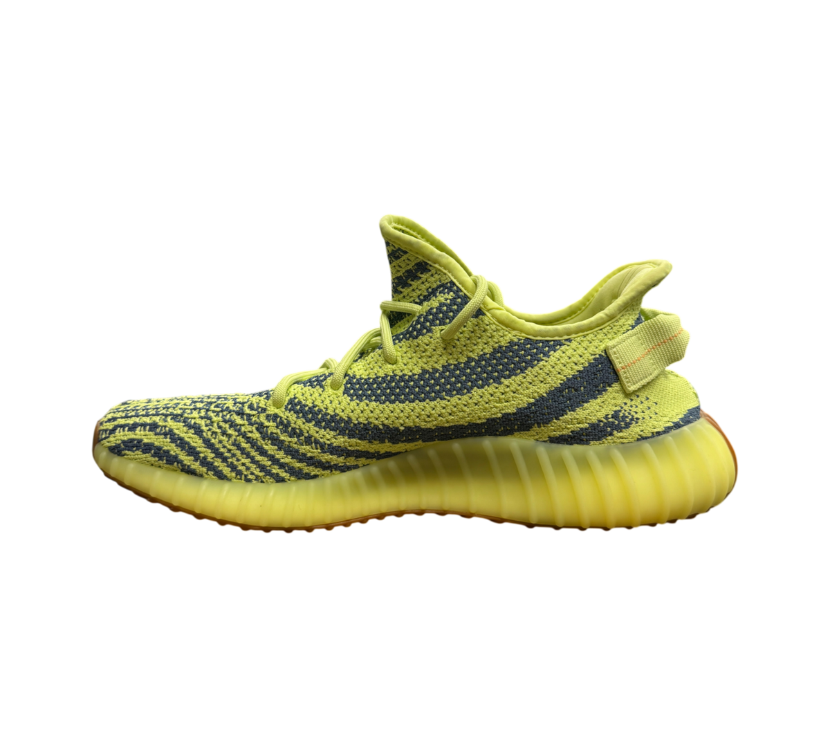 Genesis Boutique Yeezy 350 Semi Frozen Yellow sneaker with neon yellow Primeknit upper and grey zebra-stripe pattern