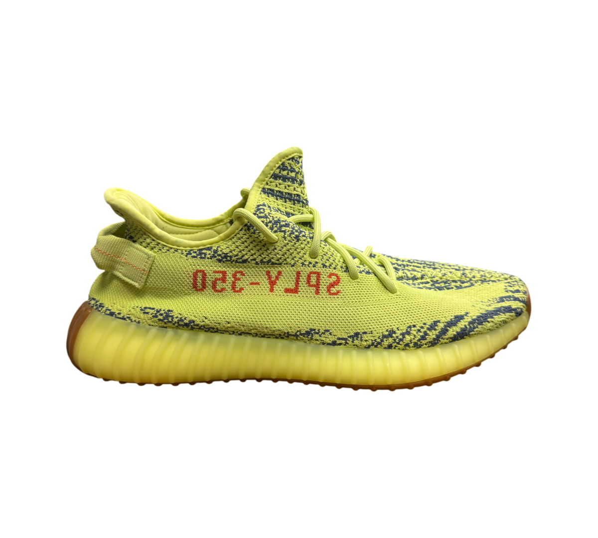 Genesis Boutique Yeezy 350 Semi Frozen Yellow sneaker with neon yellow knit upper, grey stripes, and red SPLY-350 text