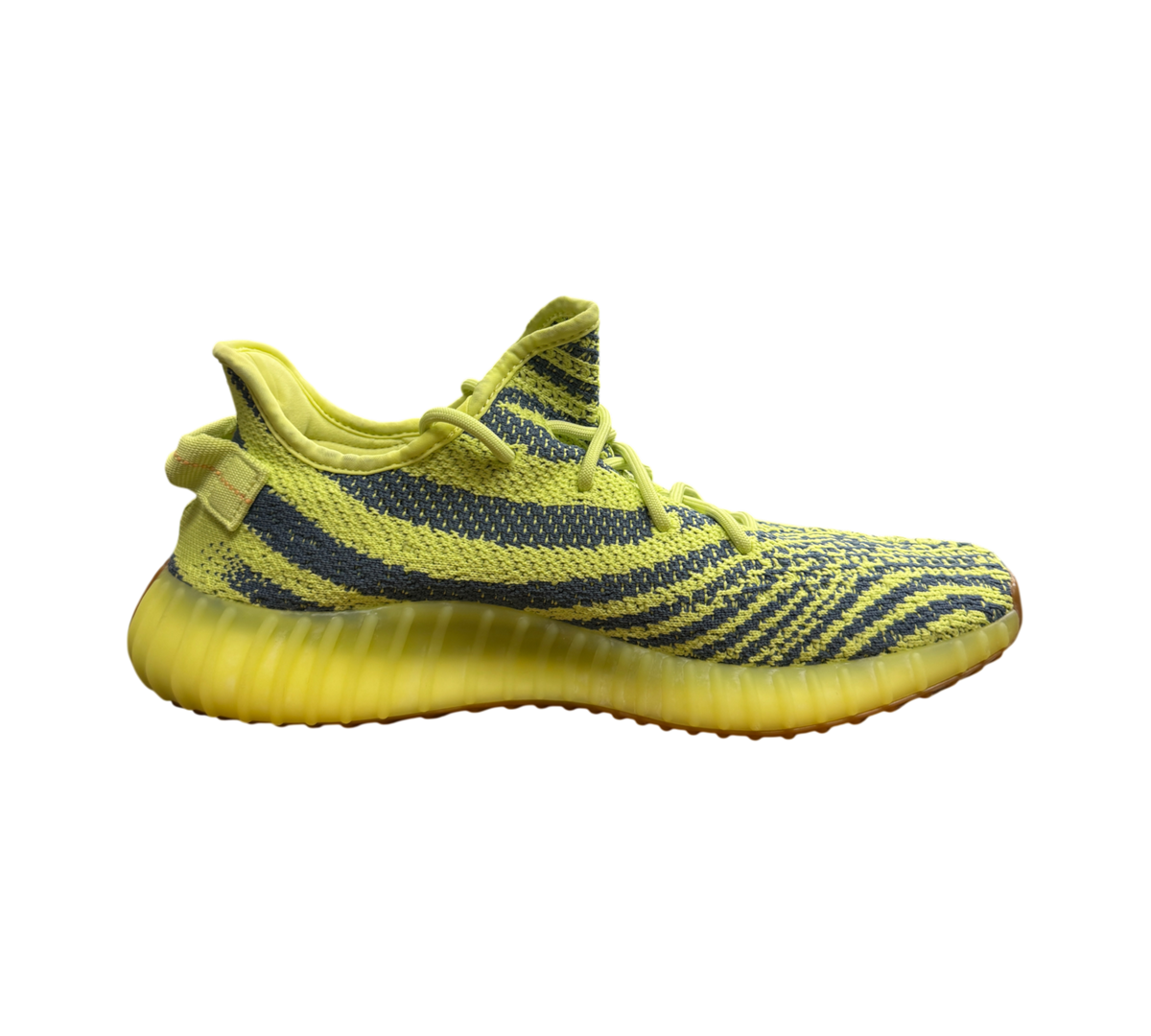 Genesis Boutique Yeezy 350 Semi Frozen Yellow sneaker with neon yellow Primeknit upper and grey zebra-stripe pattern