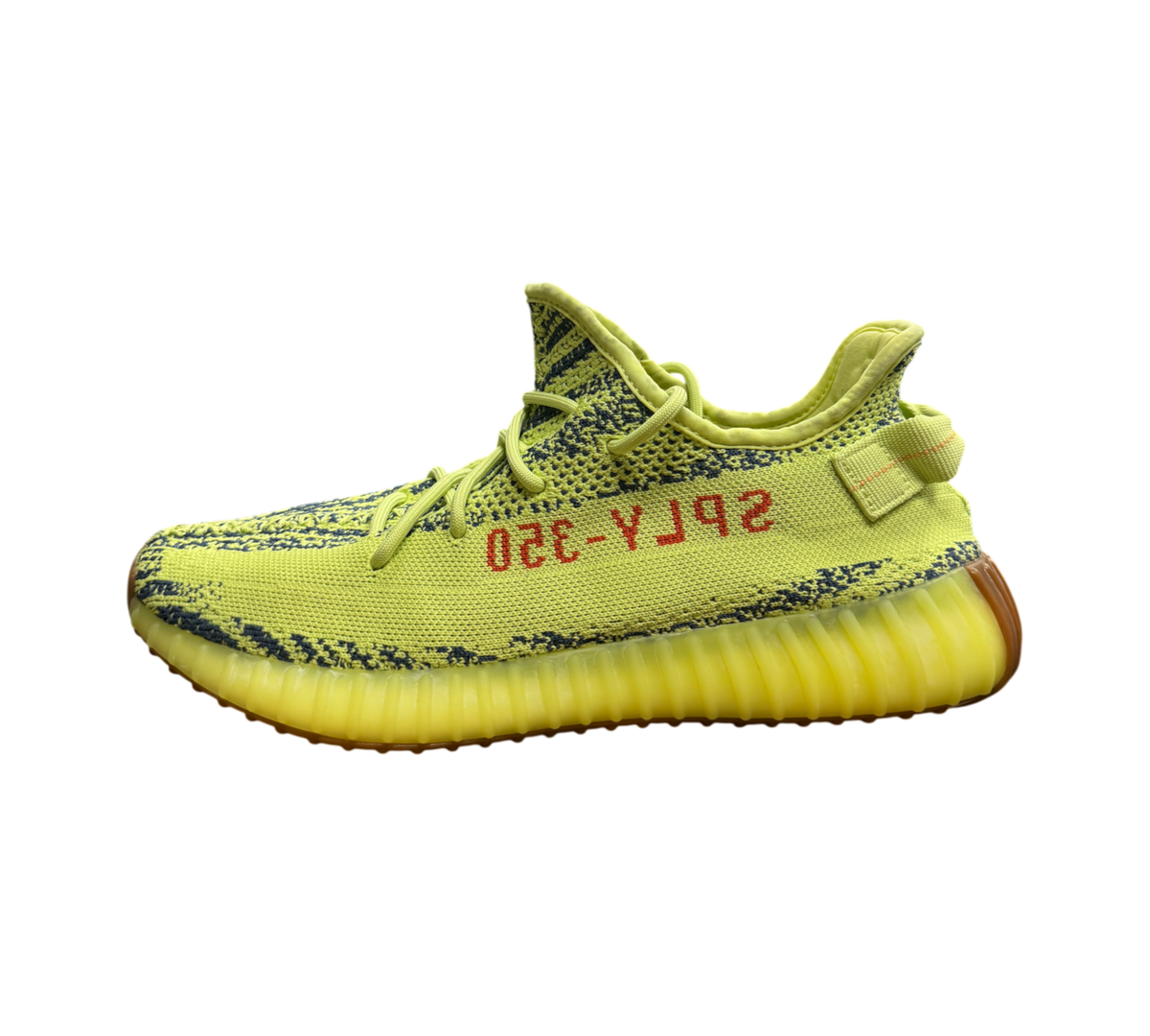 Genesis Boutique used Yeezy 350 Semi Frozen Yellow sneakers with neon yellow knit upper and red SPLY-350 text