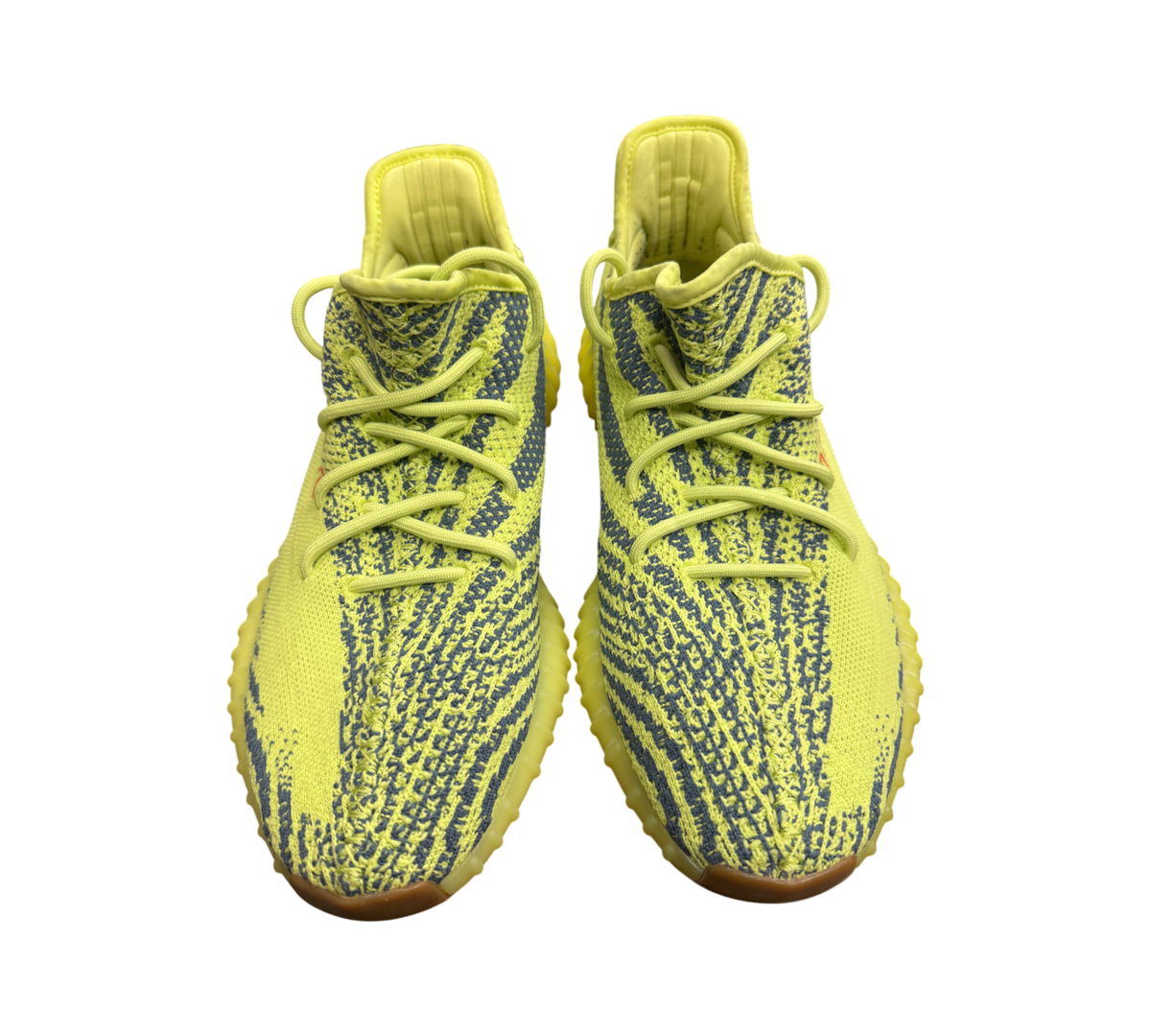 Genesis Boutique Yeezy 350 Semi Frozen Yellow sneakers featuring a bright yellow knit upper with grey zebra stripes