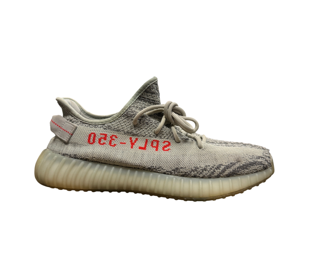 Genesis Boutique pre-owned Yeezy 350 V2 Blue Tint sneakers featuring grey Primeknit and red SPLY-350 branding.