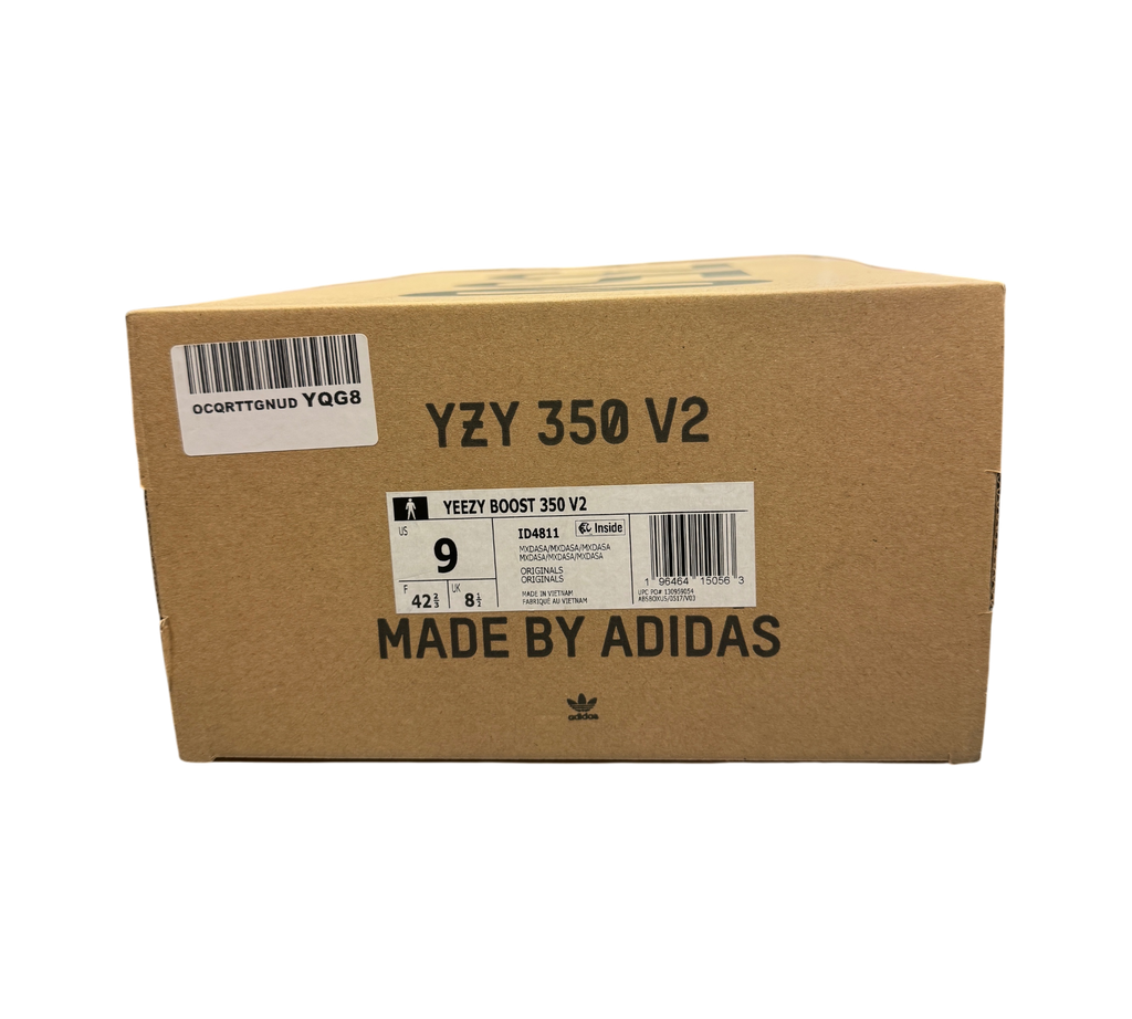 Genesis Boutique cardboard shoebox for Yeezy 350 V2 MX Dark Salt sneakers with size 9 label and barcode