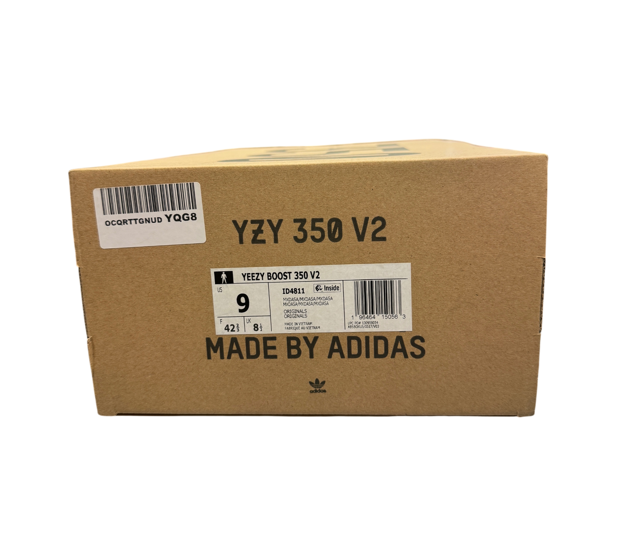 Genesis Boutique cardboard shoebox for Yeezy 350 V2 MX Dark Salt sneakers with size 9 label and barcode