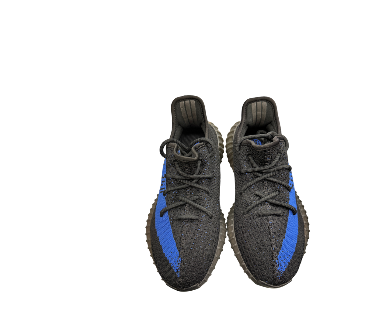 Genesis Boutique pre-owned Yeezy 350 V2 Dazzling Blue sneakers featuring black knit uppers and vibrant blue stripes.