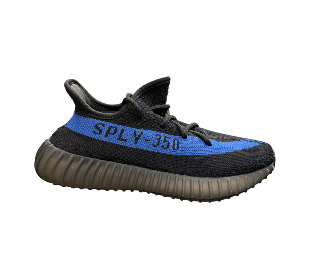 Genesis Boutique pre-owned Yeezy 350 V2 Dazzling Blue sneaker with black knit upper and blue side stripe