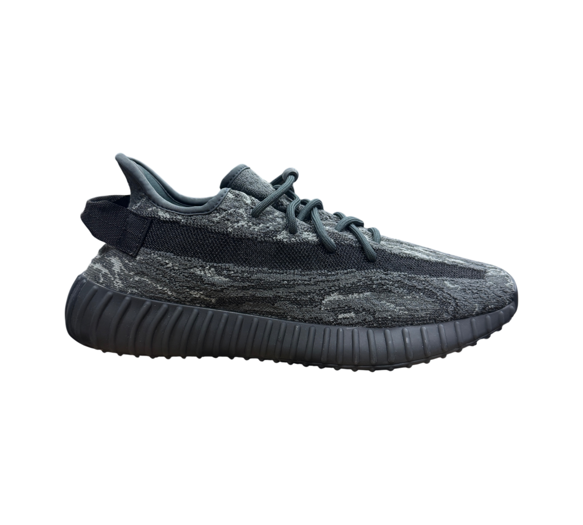 Genesis Boutique Yeezy 350 V2 MX Dark Salt sneakers featuring a grey and black marbled Primeknit upper on a box