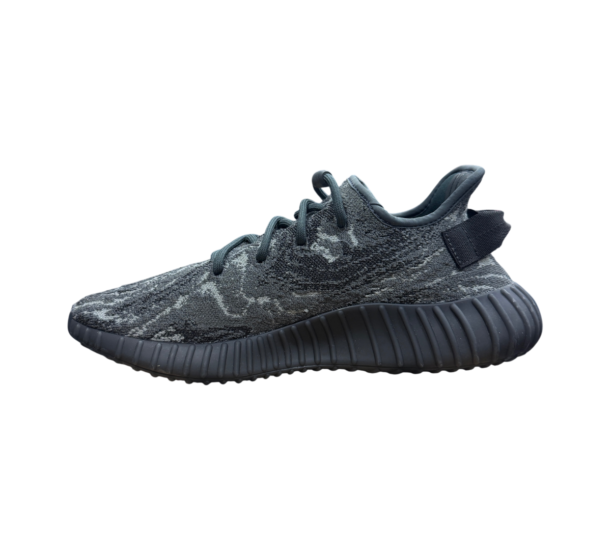 Genesis Boutique Yeezy 350 V2 MX Dark Salt sneakers in a dark grey marbled knit pattern on a branded shoebox