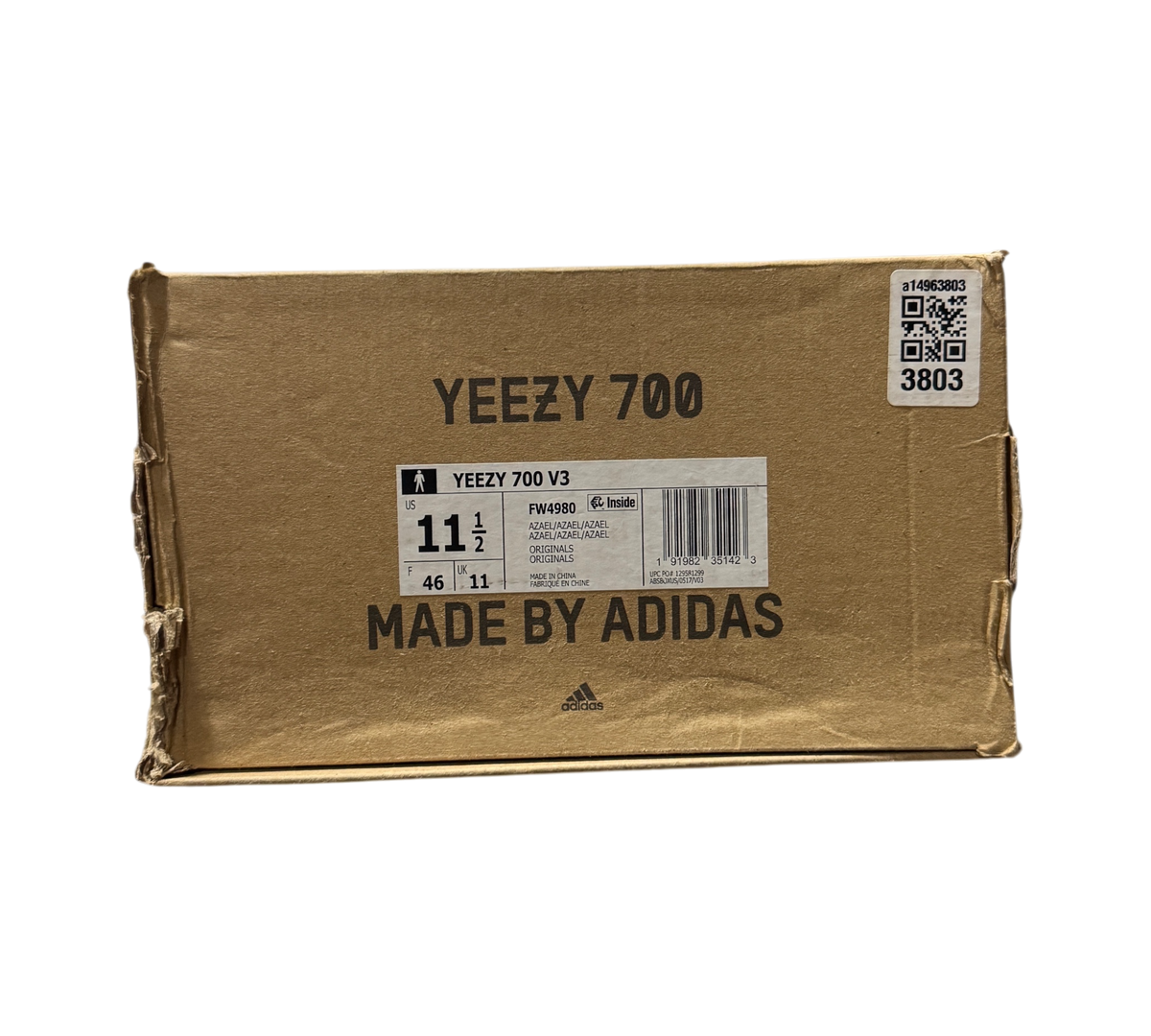 Genesis Boutique cardboard shoebox for Yeezy 700 Azael sneakers with size label and barcode in a warehouse setting