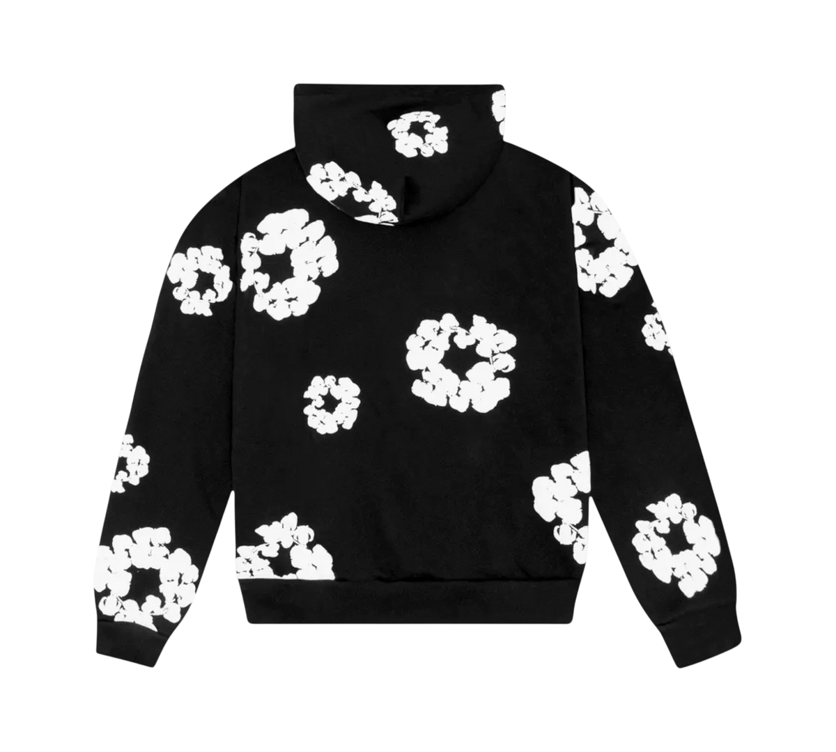 Genesis Boutique black cotton hoodie with all-over white cotton wreath graphic print. Features a drawstring hood and long sleeves.