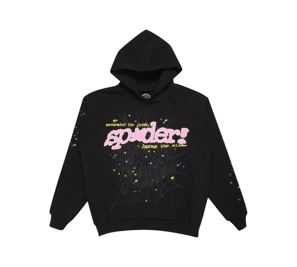 Genesis Boutique black Sp5der hoodie with pink "spider" graphic, spiderweb, and colorful stars. One size fits all.